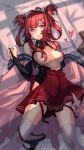  1girl aoratosmeka areola_slip areolae atelier_live blush breasts crab_girl heart heart-shaped_pupils highres indie_virtual_youtuber kani_kanizawa panties panties_around_one_leg pillow purple_eyes red_hair sweat symbol-shaped_pupils thighhighs underwear virtual_youtuber 