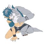  1:1 anthro blue_hair canid canine canis claw_growth claws clothing fangs fujoshiineko fur fur_growth grey_body grey_fur growth hair hi_res human human_to_anthro male mammal mid_transformation solo species_transformation torn_clothing transformation were werecanid werecanine werewolf white_body white_fur wolf 