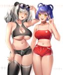  2girls absurdres adjusting_clothes adjusting_legwear animal_ears arknights arm_up artist_name bangs bare_shoulders black_legwear black_shorts black_sports_bra blue_hair blunt_bangs breasts choker clothes_writing commentary crossover english_commentary eyebrows_visible_through_hair eyewear_on_head feater_(arknights) genshin_impact hair_rings highres large_breasts looking_at_viewer multicolored_hair multiple_girls navel panda_ears potetos7 red_shorts red_sports_bra round_eyewear short_shorts shorts silver_hair smile sparkle_background sports_bra standing streaked_hair sunglasses thighhighs thighs tongue underboob v white_background xiangling_(genshin_impact) yellow_eyes 