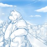  1:1 2020 anthro blue_and_white bottomwear clothed clothing cloud day food fully_clothed furipon hi_res humanoid_hands kemono male mammal monochrome outside overweight overweight_anthro overweight_male pants shirt sky solo topwear ursid 