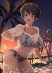  1girl absurdres bangs bikini black_bikini breasts bridge brown_eyes brown_hair cleavage droplets evening eyebrows_visible_through_hair highres huge_breasts idolmaster idolmaster_cinderella_girls lace looking_at_viewer mismatched_bikini oikawa_shizuku open_mouth palm_tree pengwin pool see-through short_hair side-tie_bikini solo swimsuit thighs tree wading wet 