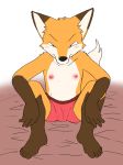  2020 anthro blush clothed clothing male manmosu_marimo senior_fox simple_background sitting solo topless white_background 