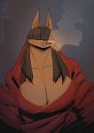  2020 anthro big_breasts breasts brown_body brown_fur brown_hair canid canine cigar cleavage clothed clothing conditional_dnp female fur grey_background hair hair_over_eyes jollyjack mammal simple_background smoke smoking solo teeth text url were werecanid werecanine werewolf 