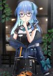  1girl absurdres alternate_costume arm_behind_back bespectacled blue_eyes blue_hair glasses highres hololive hoshimachi_suisei jacket kiriyakundesu long_hair looking_at_viewer pantyhose plant solo virtual_youtuber window yellow_legwear 