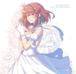  1girl blush breasts cat_with_a_brush center_opening chest_jewel cleavage dress earrings flower hands_up highres jewelry large_breasts looking_at_viewer pyra_(xenoblade) red_eyes red_hair ring short_hair smile thighs upper_body wedding_dress white_dress xenoblade_chronicles_(series) xenoblade_chronicles_2 