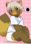  anthro blush clean_diaper clothing diaper digital_media_(artwork) fur hi_res looking_at_viewer male mammal procyonid raccoon satsuki_rabbit simple_background solo young 