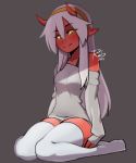  1girl artist_name bare_shoulders breasts collarbone colored_skin commentary dark_skin dated demon_girl full_body grey_background grey_sweater hair_between_eyes hairband horns li_(rob_ishi) long_hair long_sleeves looking_at_viewer no_shoes off-shoulder_sweater off_shoulder orange_hairband original pointy_ears red_skin rob_ishi signature simple_background sitting skinny small_breasts smile solo sweater thighhighs thighs wariza white_legwear yellow_eyes zettai_ryouiki 
