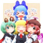  &gt;_&lt; bangs blonde_hair blue_hair breasts brown_eyes cirno closed_eyes closed_mouth green_eyes green_hair long_sleeves looking_at_another looking_at_viewer matty_(zuwzi) mystia_lorelei open_mouth red_hair rumia team_9 touhou wriggle_nightbug 