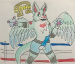  angel_dragon anthro arousal balls blue_body blue_fur dirtycold_(artist) dragon dutch_angel_dragon elbow_pads erection fighting_ring fur genitals green_eyes hart_the_dutchie hi_res knee_pads knot male red_body red_fur solo white_body white_fur wings wrestling 