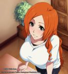  1girl arm_support black_pants bleach blush breasts eyelashes from_above grin indoors inoue_orihime large_breasts long_hair looking_at_viewer mixed-language_commentary orange_hair pants plant shirt short_sleeves silver_eyes smile solo standing vicio_cusimano white_shirt 
