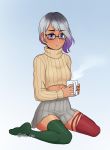  1girl :o absurdres bangs beige_sweater black-framed_eyewear blue_eyes commentary cup glasses gradient gradient_background green_legwear grey_background grey_skirt highres holding holding_cup long_sleeves looking_at_viewer midriff mismatched_legwear no_shoes original pleated_skirt red_legwear ribbed_sweater rob_ishi short_hair sitting skirt solo sweater tan thighhighs turtleneck wariza zettai_ryouiki 