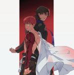  2boys black_eyes brown_hair cape emiya_shirou facing_away fate/grand_order fate_(series) gamjajeon11 highres holding holding_sword holding_weapon igote kotomine_kirei limited/zero_over looking_at_viewer looking_back male_focus multiple_boys rasputin_(fate/grand_order) red_hair sengo_muramasa_(fate) sword upper_body weapon white_cape yellow_eyes 