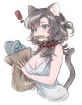  ! 1girl animal animal_ear_fluff animal_ears bag bangs bare_arms bare_shoulders black_hair blue_eyes blush bow breasts cako_asida cat_ears cat_girl cat_tail cleavage collar commentary_request cropped_torso dress fish grocery_bag hair_bow holding holding_bag large_breasts long_hair looking_at_viewer mouth_hold one_side_up original paper_bag parted_bangs red_collar shopping_bag signature simple_background sleeveless sleeveless_dress solo tail tail_raised upper_body white_background white_bow white_dress 