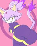  4:5 abstract_background absurd_res accessory amber_eyes anthro blaze_the_cat butt clothed clothing domestic_cat edit eyelashes felid feline felis female forehead_gem fur hi_res looking_at_viewer mammal presenting presenting_hindquarters purple_body purple_fur seductive signature solo sonic_the_hedgehog sonic_the_hedgehog_(series) teenagebratwurst 