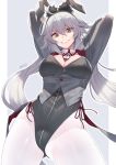  1girl ahoge animal_ears arms_up breasts bunny_ears cleavage fate/grand_order fate_(series) grey_hair highres jeanne_d&#039;arc_(alter)_(fate) jeanne_d&#039;arc_(fate)_(all) jjune large_breasts long_hair pantyhose playboy_bunny signature smile white_legwear yellow_eyes 