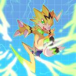 :d blue_background claws commentary_request digimon fang full_body green_eyes highres lightning no_humans open_mouth outstretched_arms pulsemon shouyuan smile tail yellow_fur 