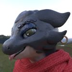  1:1 2018 3d_(artwork) anthro blep blue_eyes bust_portrait digital_media_(artwork) ear_piercing ear_ring female grey_body grey_scales kobold piercing portrait red_scarf scales scarf shaybecke_(character) side_view solo tongue tongue_out twoscale 