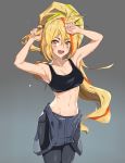  1girl :d absurdres armpits arms_up bare_arms bare_shoulders black_pants black_shirt blonde_hair breasts cleavage collarbone crop_top gimnang gradient gradient_background grey_background hair_between_eyes high_ponytail highres holding holding_hair large_breasts long_hair looking_at_viewer midriff multicolored_hair navel nikaidou_saki open_mouth orange_eyes overalls pants ponytail shirt sleeveless sleeveless_shirt smile solo sports_bra standing stomach streaked_hair sweat very_long_hair zombie_land_saga 