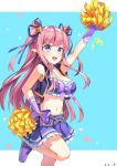  1girl :d arm_up armpit_crease bare_shoulders bow breasts cheerleader cleavage crop_top frilled_shirt frilled_skirt frills gloves gold_trim hair_ribbon hand_on_hip hatsune_(princess_connect!) highres holding holding_pom_poms large_breasts leg_up long_hair looking_at_viewer lu_b midriff miniskirt navel open_clothes open_mouth open_vest pink_hair pleated_skirt pointy_ears pom_poms princess_connect! princess_connect!_re:dive purple_bow purple_eyes purple_footwear purple_gloves purple_shirt purple_skirt purple_vest ribbon shirt shoes sidelocks skirt sleeveless sleeveless_shirt smile sneakers solo stomach two_side_up vest 