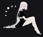  1girl barefoot between_legs black_background black_dress brown_eyes dress hand_between_legs highres long_hair lunar_cycle moon original profile shirone_(coxo_ii) simple_background sitting solo very_long_hair 