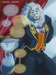  3:4 anthro bulge butler clothing english_text eyewear felid fur hi_res lion lionkinen male mammal monocle muscular muscular_anthro muscular_male pantherine snow_(tas) suit text tokyo_afterschool_summoners video_games white_body white_fur 