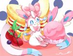  :t blue_eyes blush closed_mouth commentary_request creature food food_on_face fruit gen_6_pokemon highres leaf looking_at_viewer no_humans pancake paws pokemon pokemon_(creature) signature sitting strawberry surumeika_(ninfiiiir) sylveon 
