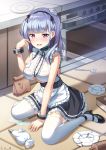  1girl accident apron azur_lane bag bare_arms bare_shoulders black_footwear black_skirt breasts broken_plate clothing_cutout cuffs dido_(azur_lane) frilled_shirt frilled_skirt frills frown hairband hand_up handcuffs high_heels highres kitchen large_breasts long_hair looking_at_viewer lu_b maid maid_apron miniskirt open_mouth paper_bag pink_eyes plate pleated_skirt see-through shadow shirt silver_hair sitting skirt sleeveless sleeveless_shirt solo thighhighs underboob underboob_cutout waist_apron wariza wavy_mouth wet wet_clothes wet_shirt white_legwear white_shirt zettai_ryouiki 