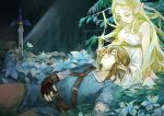  1boy 1girl bangs blonde_hair breasts dress earrings flower flower_bed gloves gown green_eyes jewelry link long_hair lying master_sword on_back pearjarrr pointy_ears princess_zelda sleeping sleeping_on_person smile sword the_legend_of_zelda the_legend_of_zelda:_breath_of_the_wild tunic weapon 