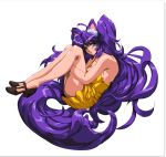  1980s_(style) 1girl absurdly_long_hair ahoge animal_ear_fluff animal_ears breasts cat_ears commission dress english_commentary eyebrows_behind_hair fetal_position floating floating_hair green_hair high_heels hinomars19 large_breasts long_hair looking_at_viewer original purple_hair retro_artstyle smile solo v-shaped_eyebrows very_long_hair white_background yellow_dress 