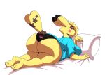  anthro barefoot big_breasts big_butt black_clothing black_panties black_underwear blonde_hair blue_clothing blue_topwear breasts butt cheeky_panties clothing feet female fur hair hair_over_eye hi_res huge_butt looking_back lying nintendo on_front one_eye_obstructed panties pikachu pillow pok&eacute;mon pok&eacute;mon_(species) rear_view solo thehoneybutter thick_thighs topwear underwear video_games yellow_body yellow_eyes yellow_fur 