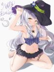  1girl blush breasts cleavage collarbone commentary_request groin hat highres hololive jewelry looking_at_viewer mikanagi_yuri murasaki_shion navel necklace silver_hair simple_background sitting small_breasts smile solo virtual_youtuber white_background witch_hat 