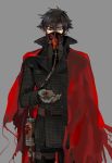  1boy black_eyes black_hair buttons cape coat collared_coat crimo emiya_kiritsugu fate/zero fate_(series) gas_mask grey_background looking_at_viewer male_focus necktie outstretched_hand red_cape simple_background solo tube upper_body vial 