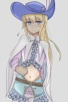  1other ambiguous_gender androgynous bangs belt blonde_hair blue_eyes blush cape chevalier_d&#039;eon_(fate/grand_order) clothing_cutout embarrassed fate/grand_order fate_(series) frills grey_background hat highres long_hair long_sleeves looking_at_viewer navel navel_cutout otoko_no_ko rjjc simple_background sweat 