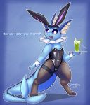  2020 alcohol beverage bunny_costume bunny_ears_(disambiguation) camel_toe canid canine clothing cocktail costume cuff_links eeveelution female hi_res legwear looking_at_viewer mammal nintendo pok&eacute;mon pok&eacute;mon_(species) semi-anthro solo somethingstarry standing stockings text vaporeon video_games waiter 