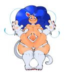  5_fingers animal_humanoid big_breasts blue_eyes blue_hair blush bodily_fluids breasts capcom cat_humanoid claws clothing darkstalkers felicia_(darkstalkers) felid felid_humanoid feline feline_humanoid female fingers hair hi_res humanoid mammal mammal_humanoid mintrimo navel obese obese_female obese_humanoid overweight overweight_female overweight_humanoid simple_background smile solo sweat sweatdrop video_games white_background 