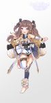  1girl adapted_costume alternate_costume anya_melfissa barefoot blonde_hair blush breasts brown_hair clenched_hands copyright_name gradient_background gradient_hair highres hololive hololive_idol_uniform hololive_indonesia idol_clothes kobi_(piliheros2000) medium_breasts multicolored_hair open_mouth purple_eyes solo standing standing_on_one_leg two_side_up virtual_youtuber 