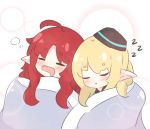  2girls :o ahoge arknights bangs black_headwear blanket blonde_hair blush closed_eyes commentary drooling durin_(arknights) english_commentary eyebrows_visible_through_hair hat kurotofu long_hair mini_hat mouth_drool multiple_girls myrtle_(arknights) open_mouth parted_bangs parted_lips pointy_ears red_hair short_eyebrows sleeping thick_eyebrows zzz 