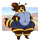  absurd_res anthro arthropod bee big_breasts black_sclera breasts brown_hair clothed clothing curvy_figure female hair hand_on_breast hi_res huge_breasts hymenopteran insect looking_at_viewer mintrimo non-mammal_breasts one_eye_closed open_mouth overweight overweight_anthro overweight_female solo stinger teeth thick_thighs voluptuous white_eyes wide_hips wings wink 