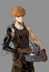  1boy black_tank_top crimo disembodied_limb emiya_shirou eyeball fate/stay_night fate_(series) gears gloves grey_background looking_at_viewer machinery male_focus orange_hair prosthesis prosthetic_arm simple_background solo tank_top tattoo tube upper_body wire yellow_eyes 
