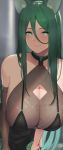  1girl animal_ears bare_shoulders black_dress blush breasts cleavage cleavage_cutout closed_mouth clothing_cutout commentary dress elbow_gloves fox_ears gloves green_eyes green_hair hair_between_eyes hanging_breasts hayabusa highres huge_breasts long_hair looking_at_viewer mole mole_on_breast mole_on_neck mole_under_eye mole_under_mouth original single_glove smile solo strapless strapless_dress 