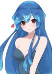  1girl absurdres bao_(vtuber) blue_hair breasts cleavage eyebrows_visible_through_hair frown heart highres indie_virtual_youtuber light_blush liquid_hair long_hair looking_at_viewer medium_breasts red_eyes salveria_(luckyshotsss) solo virtual_youtuber white_background 