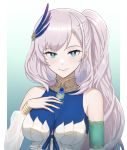  1girl armpit_peek bangs breasts detached_sleeves eyebrows_behind_hair feather_hair_ornament green_eyes hand_on_own_chest highres hololive hololive_indonesia long_ponytail looking_at_viewer medium_breasts pavolia_reine rz_ix side_ponytail silver_hair smile solo virtual_youtuber 