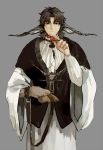  1boy bell bell_collar belt black_eyes brown_hair candy collar crimo facing_viewer fate/stay_night fate_(series) food grey_background holding hooves horns kotomine_kirei male_focus simple_background solo upper_body 