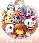  alphys anger_vein annoying_dog asriel_dreemurr brown_hair chara_(undertale) chibi colored_skin dog everyone flower flowey_(undertale) food frisk_(undertale) gaito-san headphones holding_hands hot_dog mad_dummy_(undertale) mettaton monster_kid_(undertale) napstablook outline papyrus_(undertale) pasta sans shirt spaghetti striped striped_shirt tears undertale undyne yellow_skin 