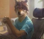  2020 anthro black_eyebrows black_nose blue_clothing blue_shirt blue_topwear brown_body brown_fur brown_hair canid canine canis chair clothed clothing coffee_mug cup detailed_background digital_media_(artwork) digital_painting_(artwork) eyebrows fur furniture green_eyes hair looking_at_viewer male mammal monotone_hair multicolored_body multicolored_fur nomax office_chair shirt short_hair sitting solo text topwear two_tone_body two_tone_fur url whiskers white_body white_fur wolf 