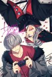  2boys argonavis_from_bang_dream! bang_dream! controller dual_persona english_text food fruit fur_collar fur_trim game_controller grey_hair hair_over_eyes hair_over_one_eye happy_birthday holding holding_controller makeup male_focus multicolored_hair multiple_boys pomegranate purple_eyes red_hair saigi spikes suzaki_jun tongue tongue_out 