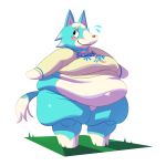  animal_crossing anthro belly big_belly blue_body blue_fur bodily_fluids bottomless breasts canid canine canis clothed clothing female flying_sweatdrops fur hi_res mammal mintrimo navel nintendo obese obese_anthro obese_female overweight overweight_anthro overweight_female simple_background skye_(animal_crossing) smile solo sweat sweatdrop video_games white_background white_body white_fur wolf 