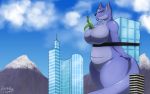  2018 4_fingers anthro arms_tied blue_sky bound breasts building city duncan_roo duo featureless_breasts featureless_crotch female fingers fur green_body green_fur hi_res kangaroo macro macropod male mammal marcie_roo marsupial micro micro_on_macro mountain nude on_breasts purple_body purple_fur robthehoopedchipmunk size_difference sky tied_to_building watermark 