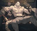  1boy abs animal_ears arknights bara belt black_belt bulge chest_hair couch feet_out_of_frame fingerless_gloves furry gloves grey_pants highres male_focus mao_ten_go mountain_(arknights) muscle navel no_nipples pants pectorals scar scar_across_eye shirtless short_hair sitting solo spread_legs tail tiger_boy tiger_ears tiger_stripes tiger_tail white_fur white_hair 