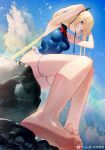  absurdres armpits arms_up azur_lane bare_legs barefoot blonde_hair blue_eyes blue_sky breasts day dead_or_alive dutch_angle feet foreshortening hair_ribbon highres leiq long_hair marie_rose medium_breasts mouth_hold one-piece_swimsuit outdoors ribbon ribbon_in_mouth sitting sky swimsuit thigh_ribbon twintails weibo_username 